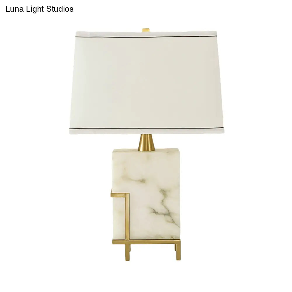 White Tapered Task Lamp - Modern 1-Head Fabric Desk Light With Marble Base