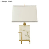 White Tapered Task Lamp - Modern 1-Head Fabric Desk Light With Marble Base