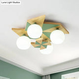 Windmill Kids Wooden Flush Mount Light With Sphere Opal Glass Shade - Nordic 4 - Head Fixture