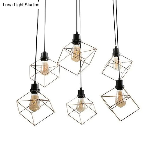 Vintage Style Geometric Metal Suspension Light With 4/6 Lights In Black/Gold For Dining Room