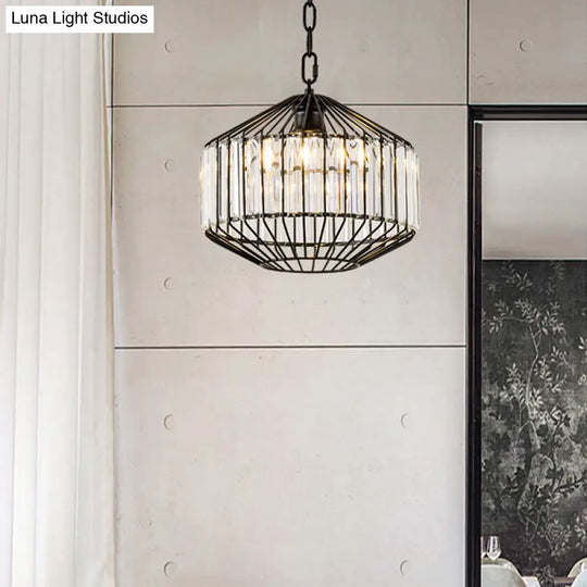 Wire Geometric Suspension Light With Crystal Block Accent - Modern Black Ceiling Pendant