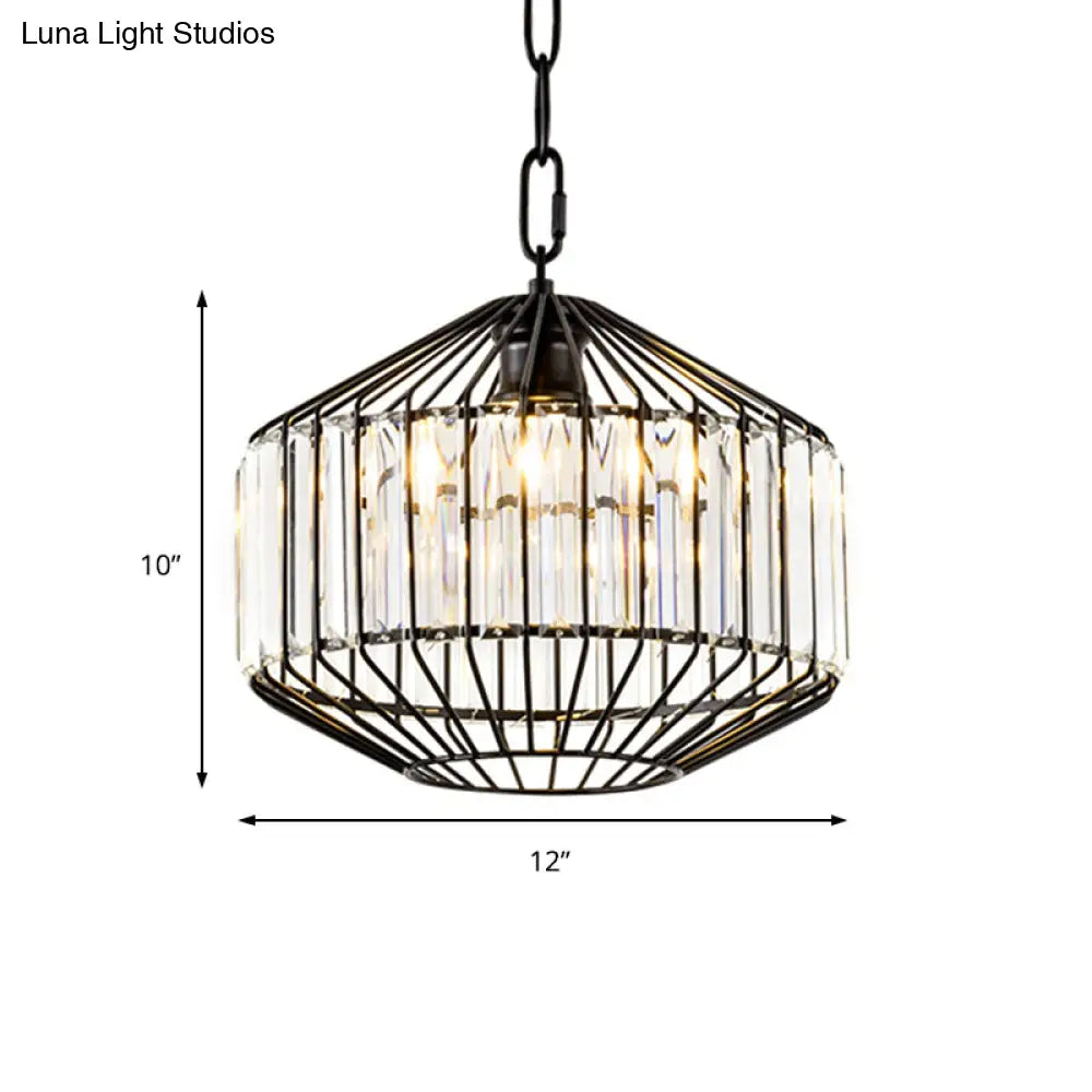Wire Geometric Suspension Light With Crystal Block Accent - Modern Black Ceiling Pendant