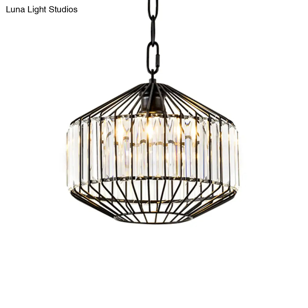 Wire Geometric Suspension Light With Crystal Block Accent - Modern Black Ceiling Pendant