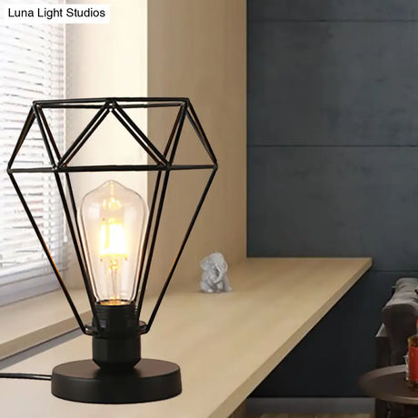 Wire Guard Table Lamp With Diamond Shade - Industrial Style Metallic Lighting In Black