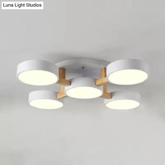 Wood And Metal Drum Ceiling Light - 5 Head Macaron Design For Living Room Semi Flush Mount Loft