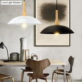 Wood And Metal Modernist Ceiling Pendant Light - Black/White 12.5’/16’ W 1 Head For Table