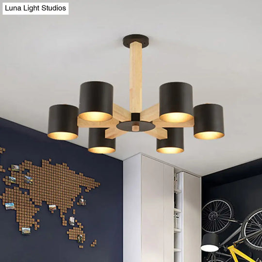 Nordic Style Wood And Iron Drum Shade Chandelier Pendant Light For Study Room In Black/White 6 /
