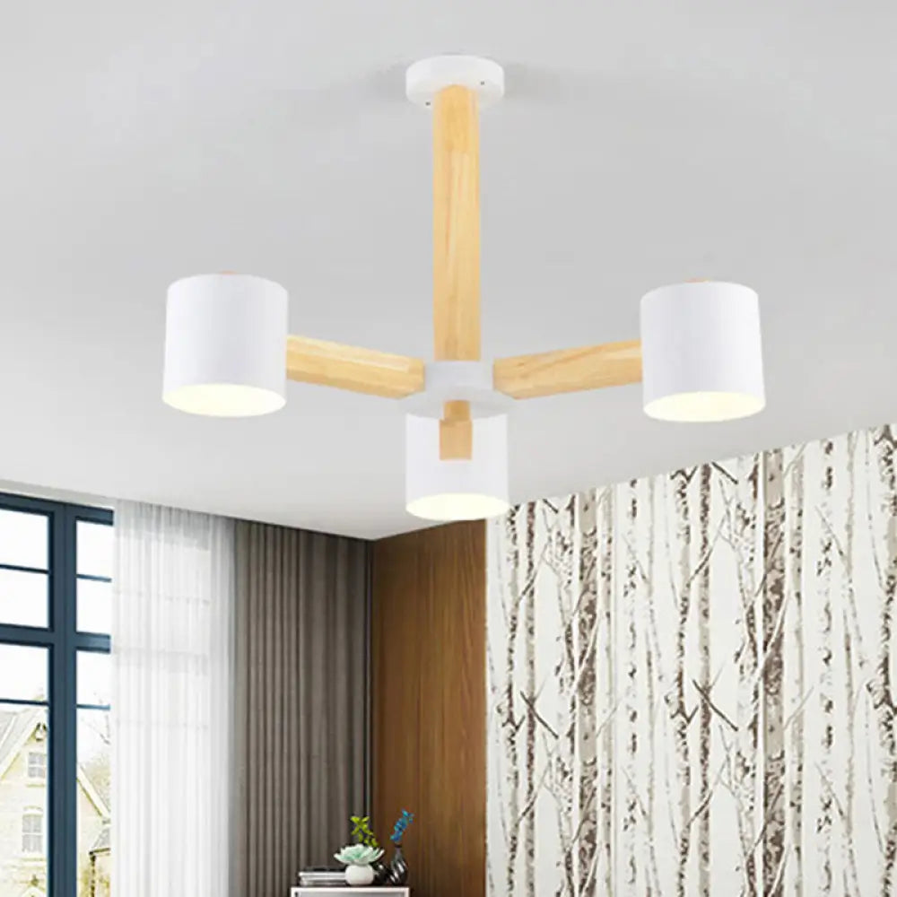 Wood & Iron Nordic Pendant Light With Drum Shade For Study Room In Black/White 3 / White