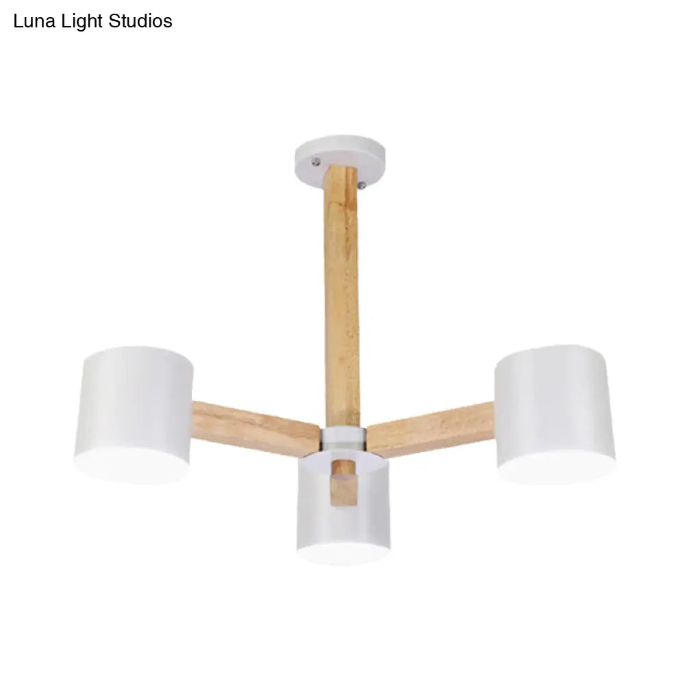 Nordic Style Wood And Iron Drum Shade Chandelier Pendant Light For Study Room In Black/White