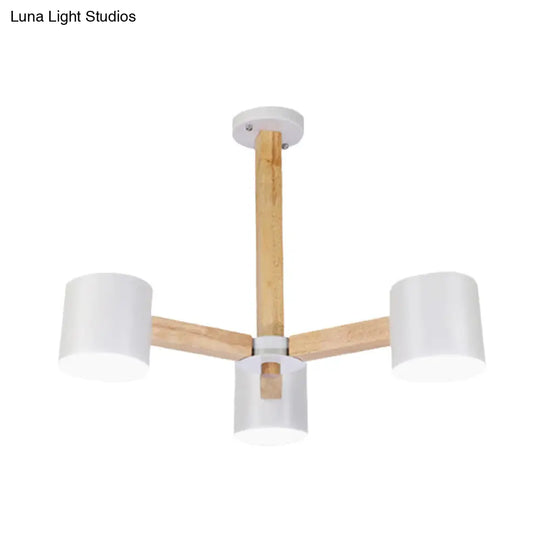 Nordic Style Wood And Iron Drum Shade Chandelier Pendant Light For Study Room In Black/White