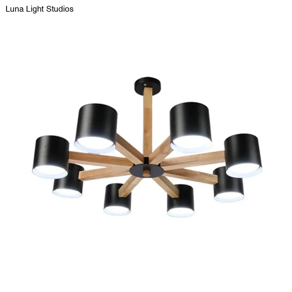 Nordic Style Wood And Iron Drum Shade Chandelier Pendant Light For Study Room In Black/White