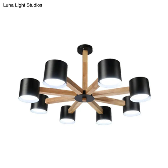 Nordic Style Wood And Iron Drum Shade Chandelier Pendant Light For Study Room In Black/White