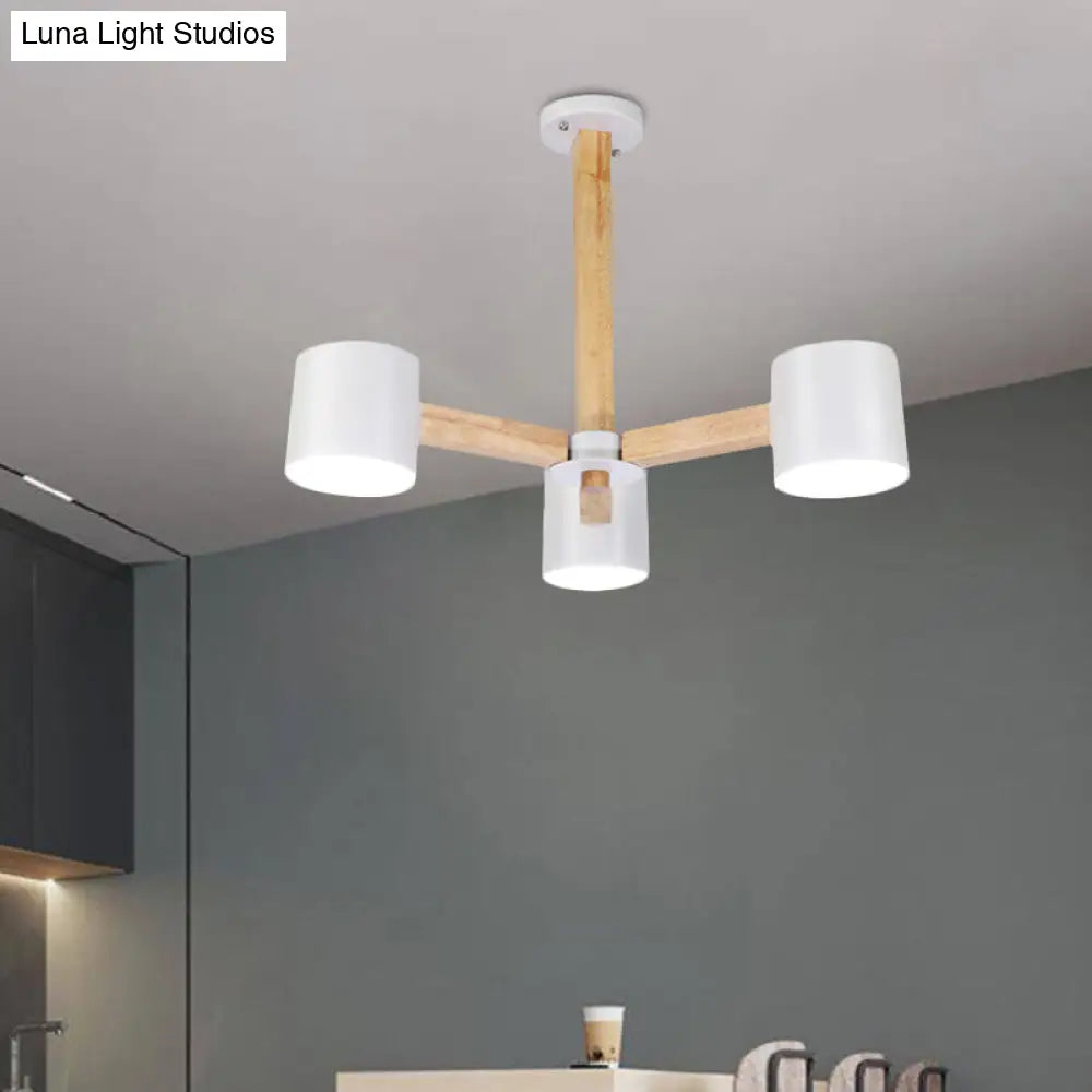 Nordic Style Wood And Iron Drum Shade Chandelier Pendant Light For Study Room In Black/White