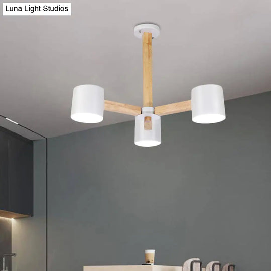 Nordic Style Wood And Iron Drum Shade Chandelier Pendant Light For Study Room In Black/White