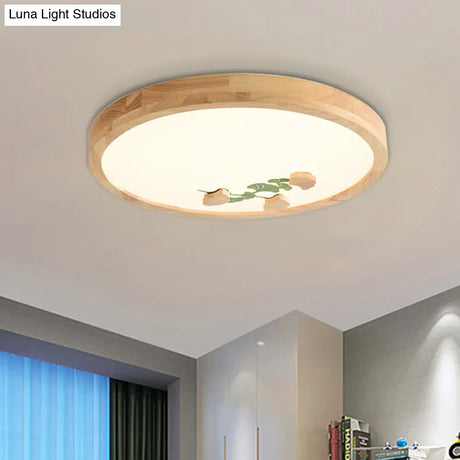 Wood Led Flushmount Ceiling Lamp With Ginkgo Leaf On Circle Design - Ideal For Bedroom Lighting