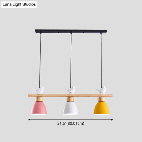 Wood & Metal Macaron Bowl Pendant Light With 3 Lights For Island Electric Socket