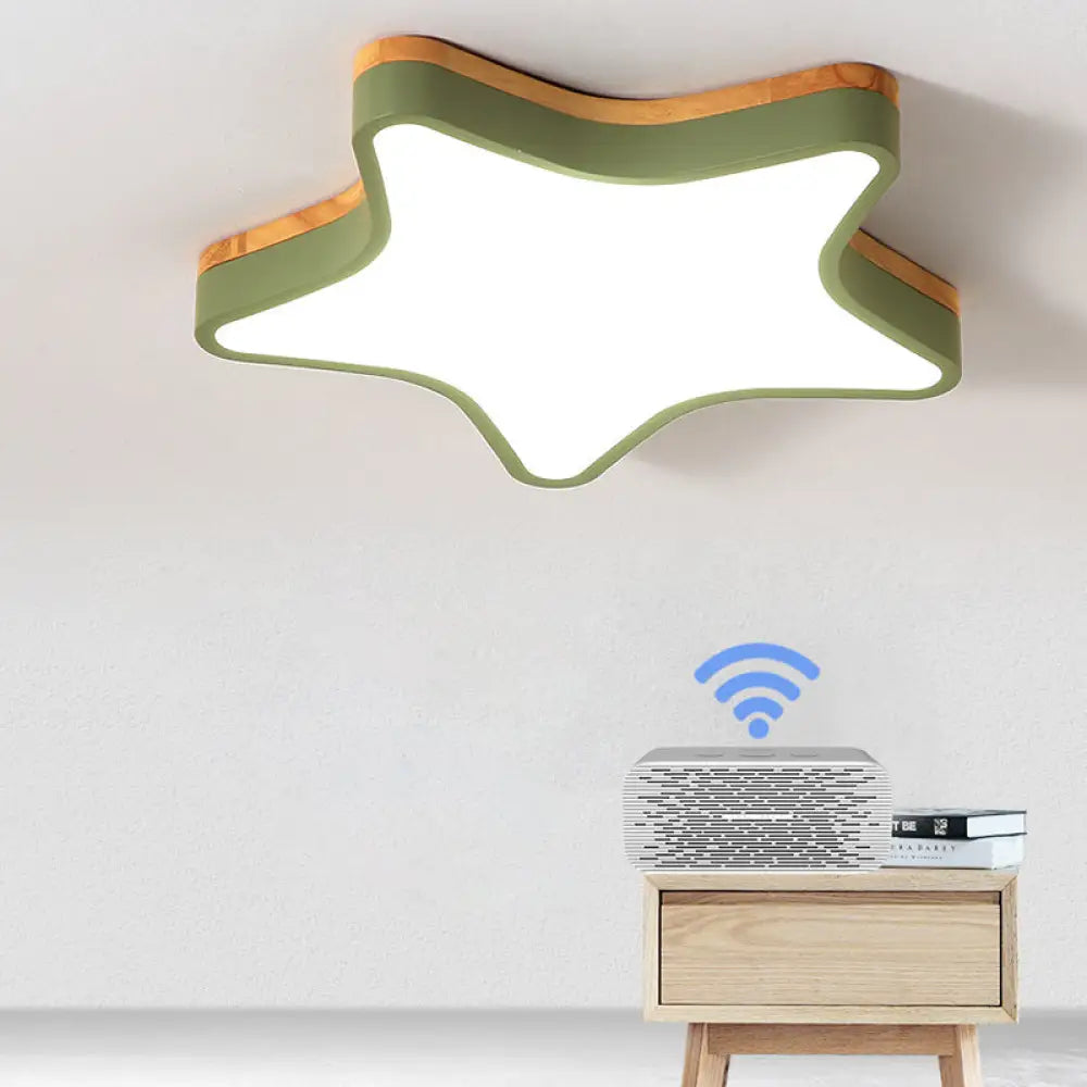 Wood Star Flush Cartoon Led Ceiling Light For Kindergarten Room Green / 18’