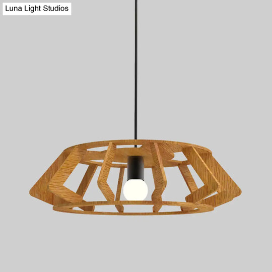 Wooden Asian Drum Pendant Light - 1-Light Study Room Ceiling Lamp