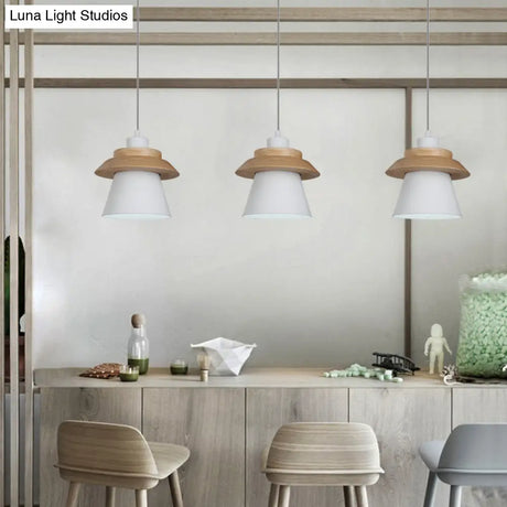 Wooden Asian Style Hanging Pendant Light For Stairways - Coolie Shade With Metal Accents