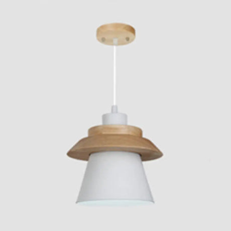 Wooden Asian Style Hanging Pendant Light For Stairways - Coolie Shade With Metal Accents White