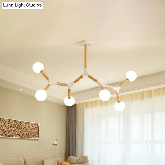 Simple Wood Branch Chandelier - 6-Light Beige Hanging Lamp With Frosted Glass Shades