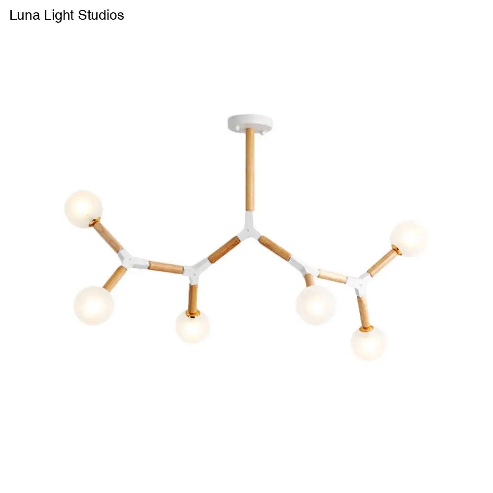 Simple Wood Branch Chandelier - 6-Light Beige Hanging Lamp With Frosted Glass Shades