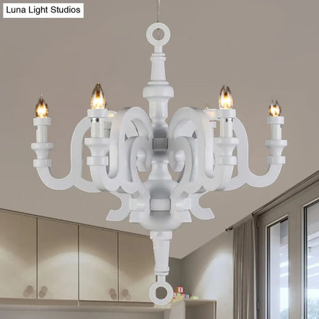 Wooden Candlestick Chandelier - Traditional 6-Head Pendant Light For Living Room Ceiling White