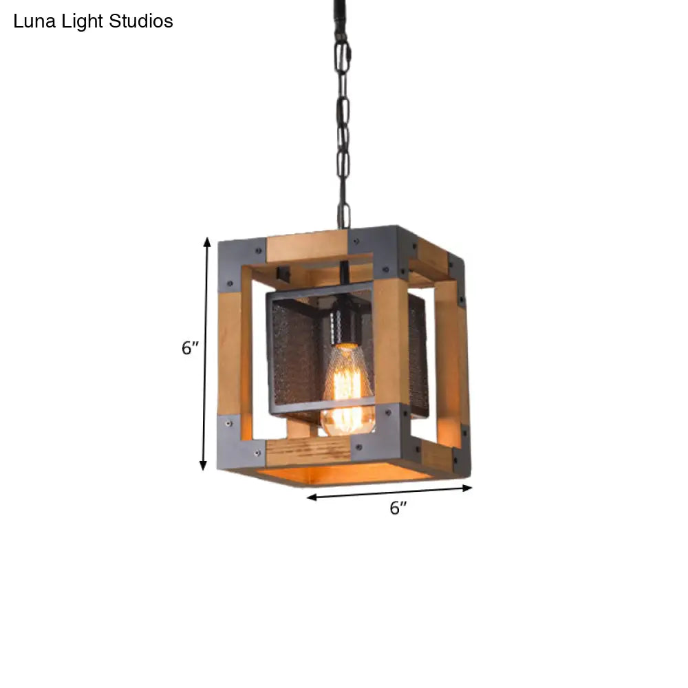Wooden Cube Pendant Lamp - Industrial Hanging Light For Restaurants 1-Light Fixture