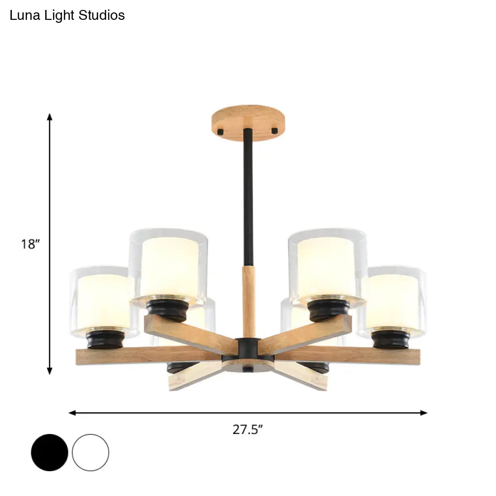 Wooden Double Glass Chandelier With Cylinder Shade - 3/6 Lights For Living Room Ceiling