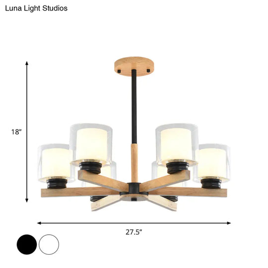 Wooden Double Glass Chandelier With Cylinder Shade - 3/6 Lights For Living Room Ceiling