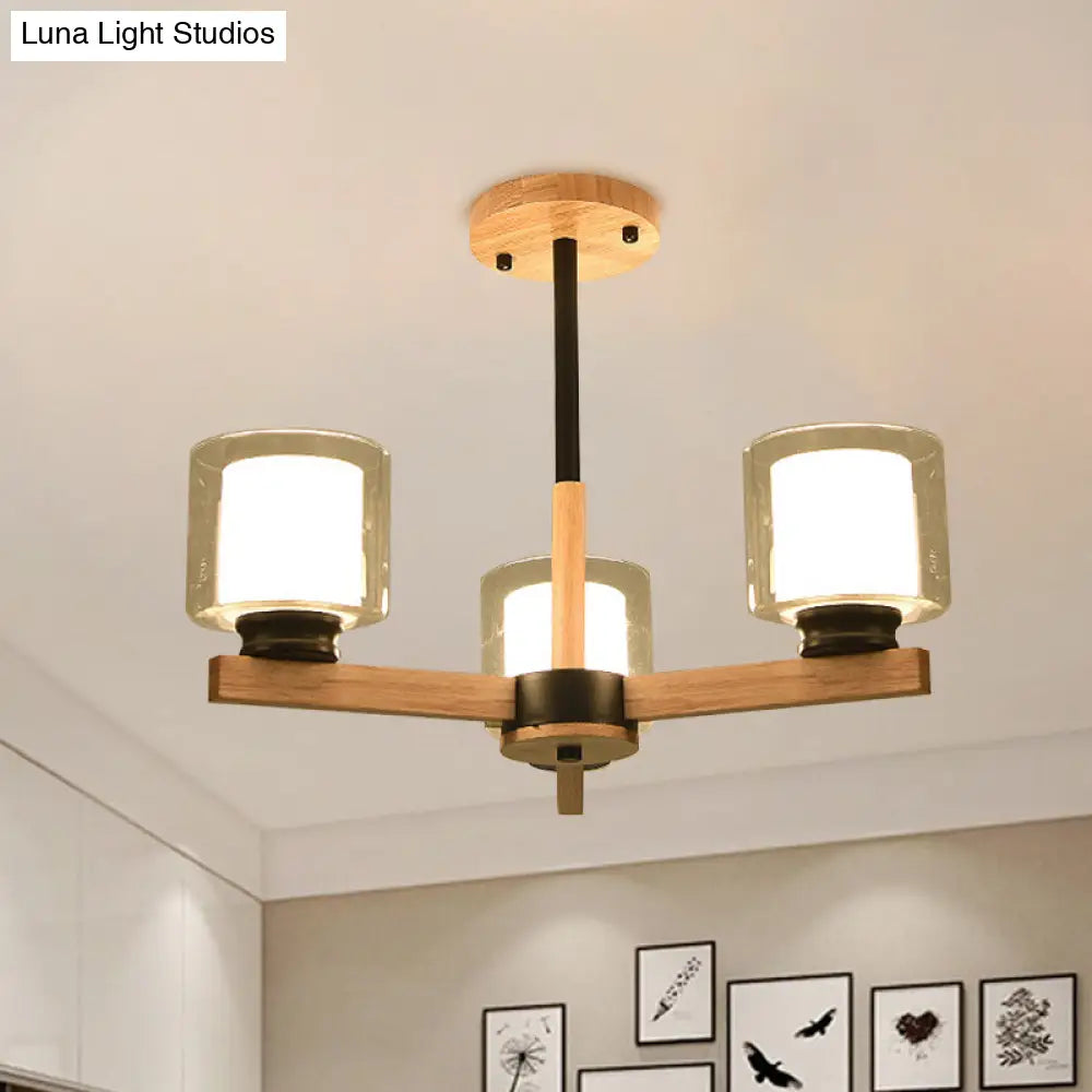 Wooden Double Glass Chandelier With Cylinder Shade - 3/6 Lights For Living Room Ceiling 3 / Black