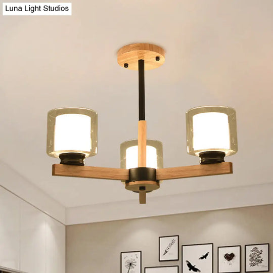 Wooden Double Glass Chandelier With Cylinder Shade - 3/6 Lights For Living Room Ceiling 3 / Black