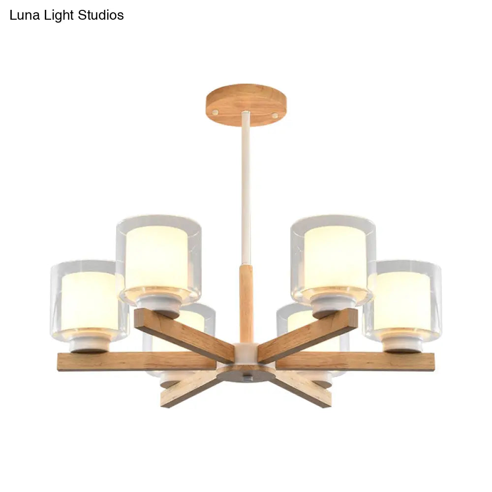 Wooden Double Glass Chandelier With Cylinder Shade - 3/6 Lights For Living Room Ceiling