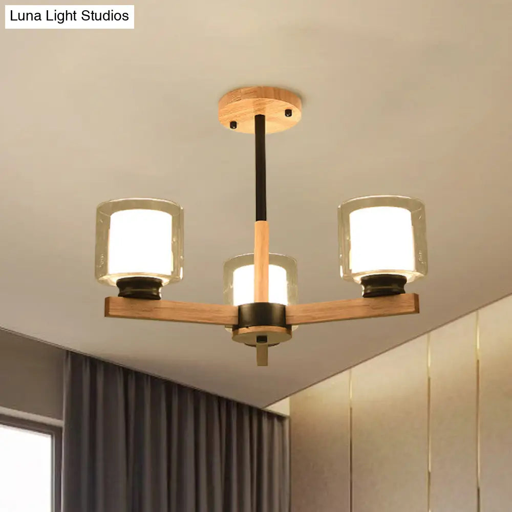 Wooden Double Glass Chandelier With Cylinder Shade - 3/6 Lights For Living Room Ceiling