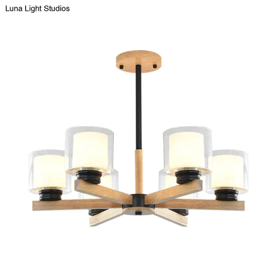 Wooden Double Glass Chandelier With Cylinder Shade - 3/6 Lights For Living Room Ceiling