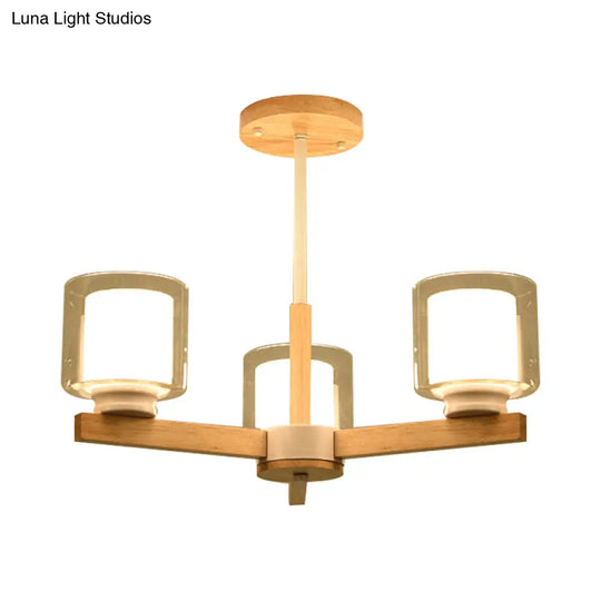 Wooden Double Glass Chandelier With Cylinder Shade - 3/6 Lights For Living Room Ceiling