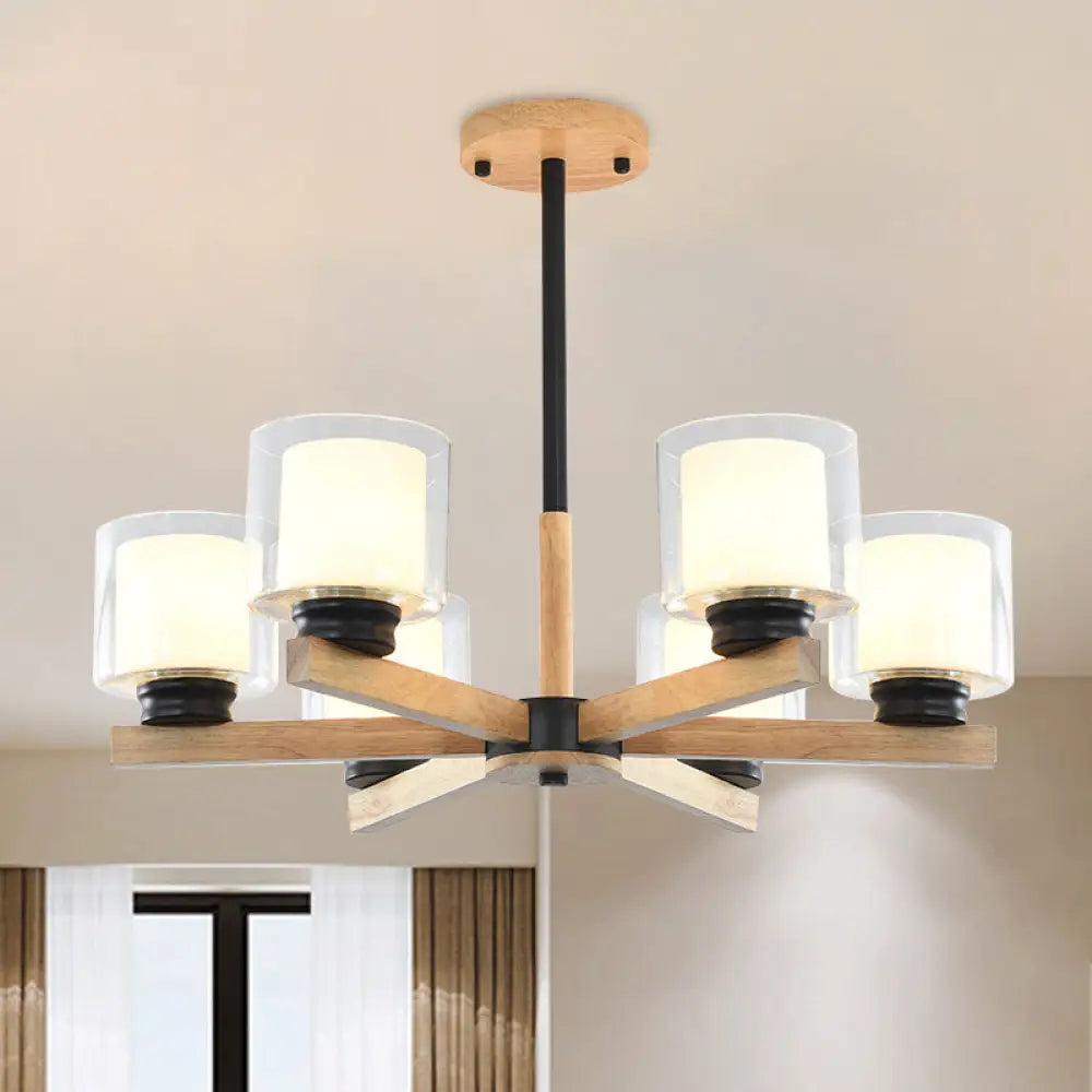 Wooden Hanging Chandelier With Double Glass Cylinder Shade - 3/6 Light Ceiling Lamp For Living Room