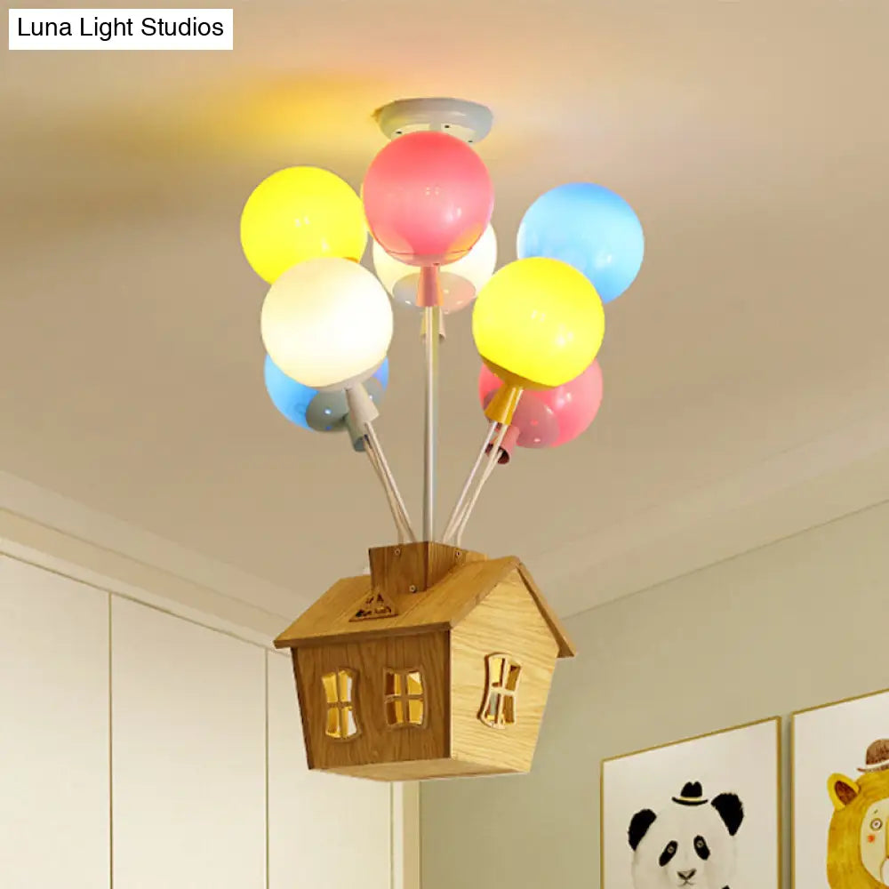 Kids Ceiling Balloon Nursery Light: Blue-Pink-Yellow Glass Wooden House Design 6 Lights Semi Flush