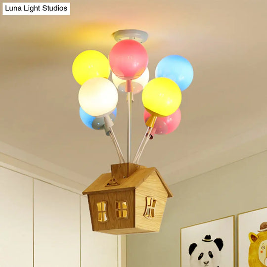 Kids Ceiling Balloon Nursery Light: Blue-Pink-Yellow Glass Wooden House Design 6 Lights Semi Flush