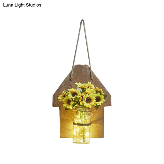 Wooden House Wall Light With Modern Flower/Plant String Accent Ideal For Cafes And Tea Shops