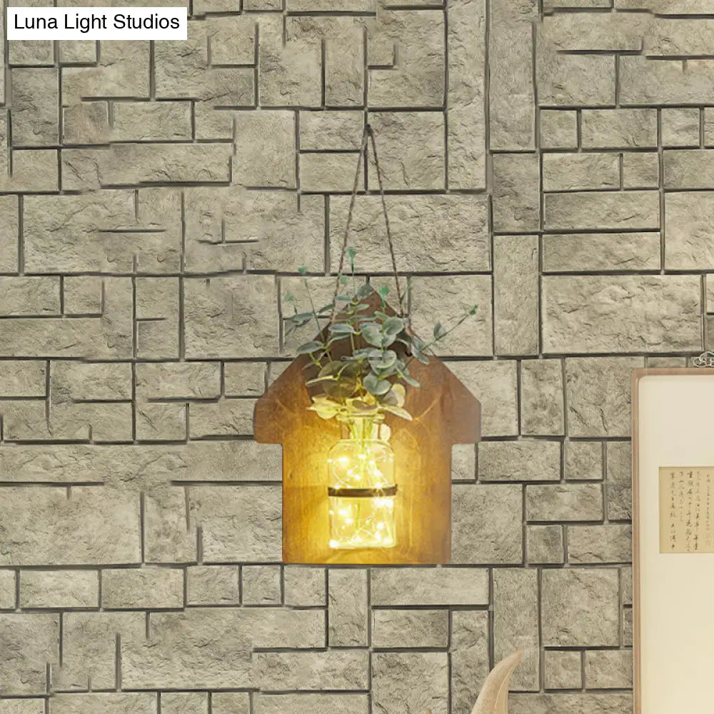 Wooden House Wall Light With Modern Flower/Plant String Accent Ideal For Cafes And Tea Shops