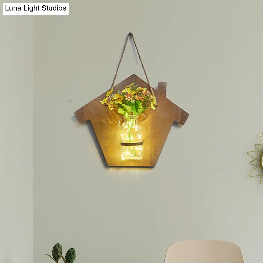 Wooden House Wall Light With Modern Flower/Plant String Accent Ideal For Cafes And Tea Shops
