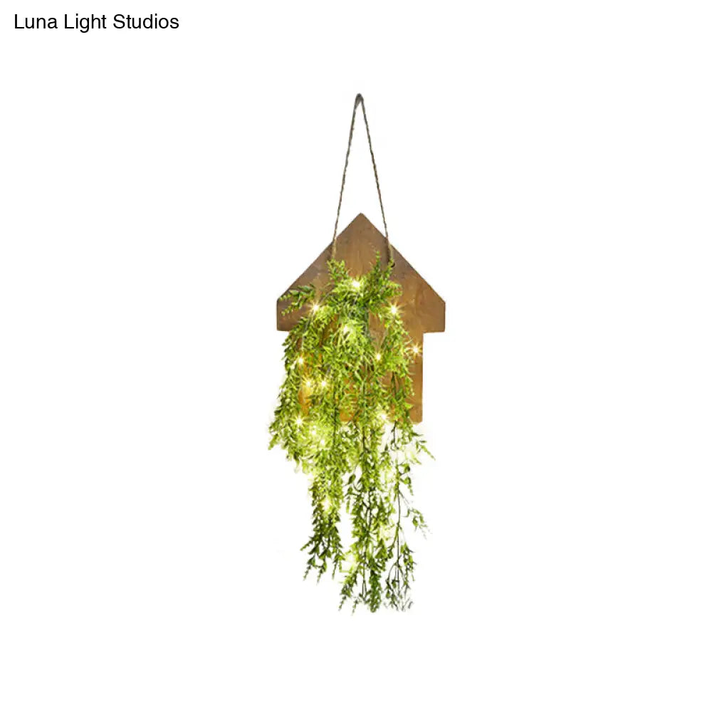 Wooden House Wall Light With Modern Flower/Plant String Accent Ideal For Cafes And Tea Shops