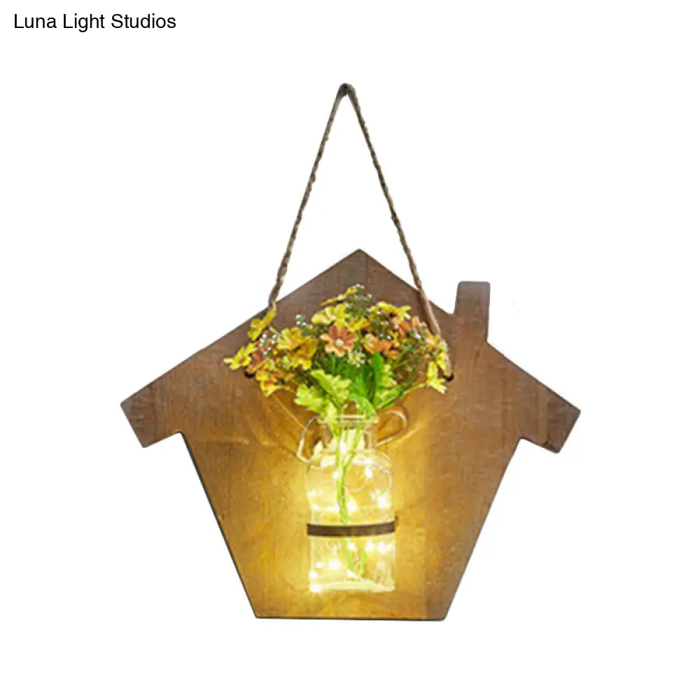 Wooden House Wall Light With Modern Flower/Plant String Accent Ideal For Cafes And Tea Shops