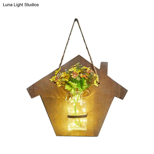 Wooden House Wall Light With Modern Flower/Plant String Accent Ideal For Cafes And Tea Shops