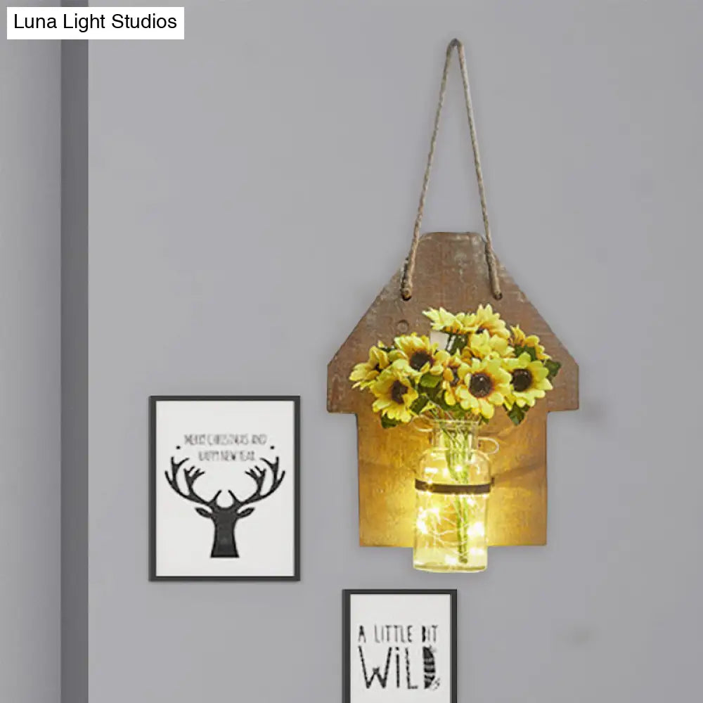 Wooden House Wall Light With Modern Flower/Plant String Accent Ideal For Cafes And Tea Shops