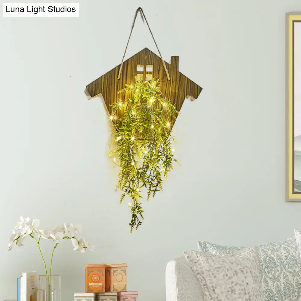 Wooden House Wall Light With Modern Flower/Plant String Accent Ideal For Cafes And Tea Shops