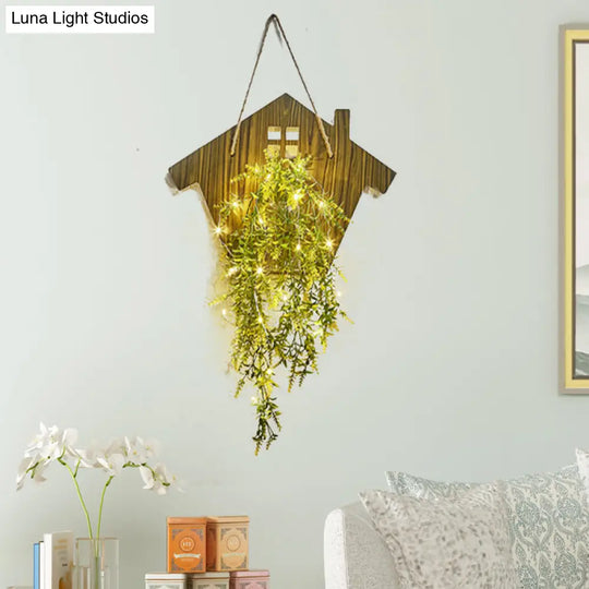 Wooden House Wall Light With Modern Flower/Plant String Accent Ideal For Cafes And Tea Shops