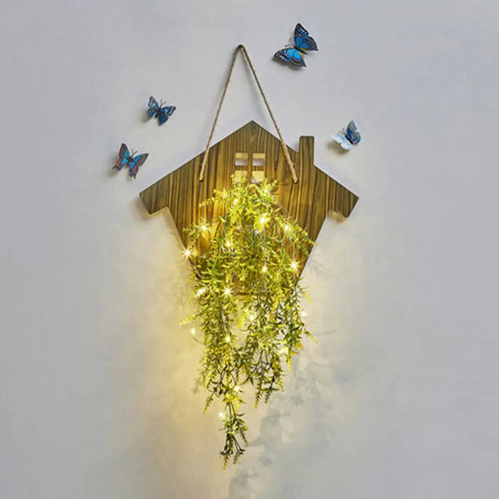 Wooden House Wall Light With Modern Flower/Plant String Accent Ideal For Cafes And Tea Shops Wood /