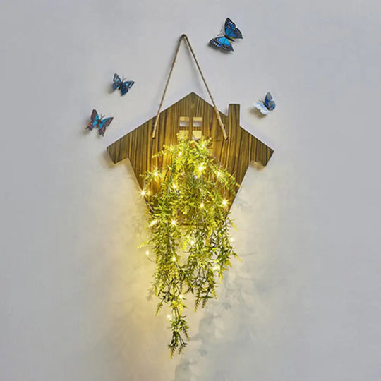Wooden House Wall Light With Modern Flower/Plant String Accent Ideal For Cafes And Tea Shops Wood /